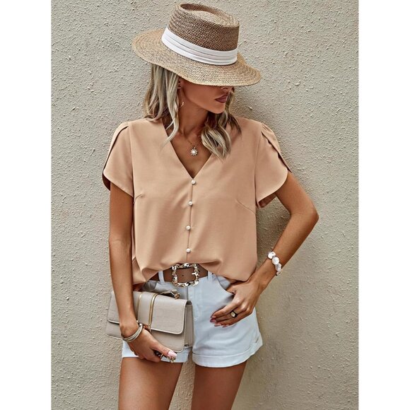 Women Short Sleeve Blouse Chiffon 2025 Summer Casual Work Pearl V Neck - Picture 6 of 7